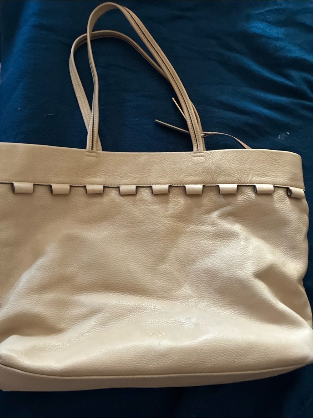 Vince Camuto Cream Pebbled Leather Tote with Woven Trim
